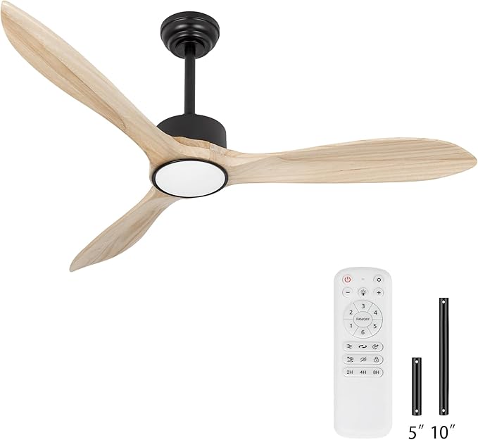 Wood Ceiling Fan with Lights,52Inch Ceiling Fans with Remote Control,Dimmable Light,3 CCT,6 Speeds,Noiseless DC Motor,2 downrod,Ceiling Fan for Bedroom,Living Room,Office,Indoor