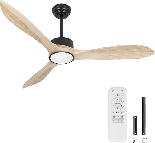 Wood Ceiling Fan with Lights,52Inch Ceiling Fans with Remote Control,Dimmable Light,3 CCT,6 Speeds,Noiseless DC Motor,2 downrod,Ceiling Fan for Bedroom,Living Room,Office,Indoor