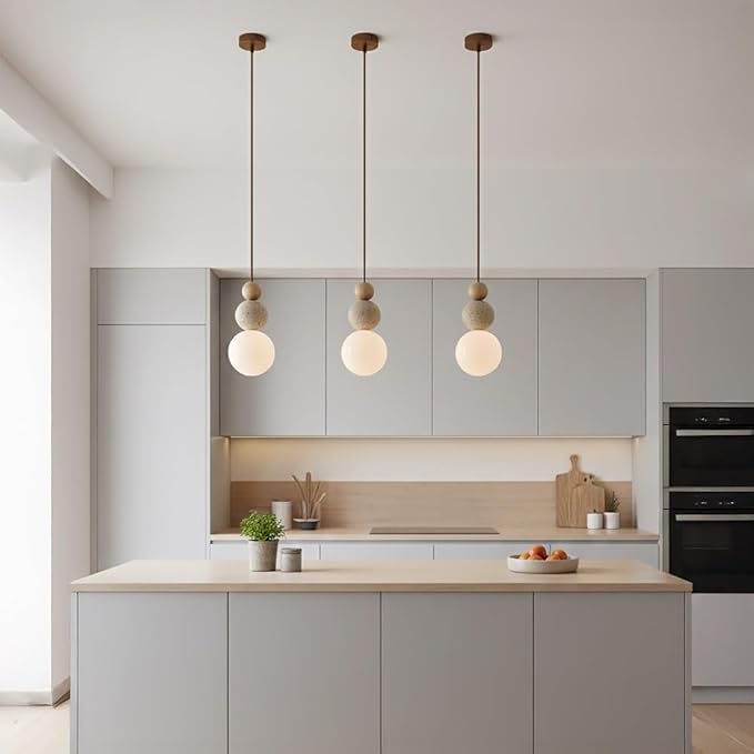 Natural Stone & Wood Pendant Light Fixture | Spherical Milk Glass Hanging Lamp | Modern Organic Ceiling Light | Adjustable Bedside Suspension Light for Dining Room, Kitchen Island, Bedroom(Solid wood)