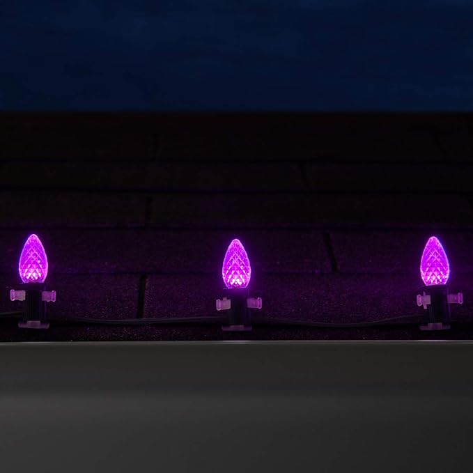 Set of 50 C7 OptiCore Commercial Purple Christmas Lights – Heavy Duty LED Outdoor Bulbs for Halloween, Party, Bedroom, Green Wire (50 ft)