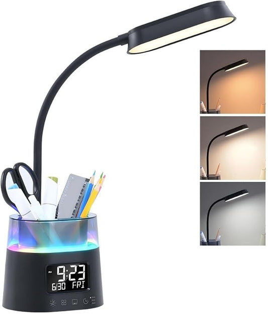 Led Desk Lamp for Home Office, Touch Table Lamp with Pen Holder, 3 Color Modes Stepless Dimmable Reading Light, Gooseneck Lamp for Dorm Room, Bedside Study Light with Clock for Kids, Girls, Boys