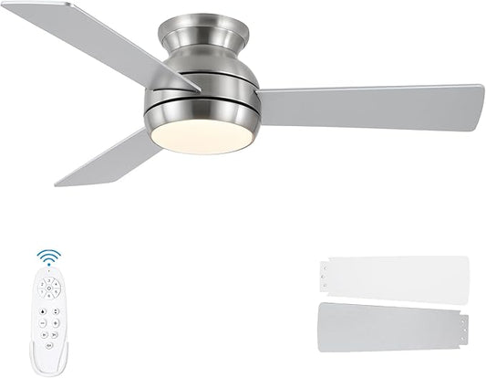 42 Inch Ceiling Fans with Lights and Remote, Brushed Nickel Low Profile Ceiling Fan with Light, Flush Mount, Reversible, 6 Speeds, 3CCT Dimmable, Bedroom Indoor/Outdoor Patios Use