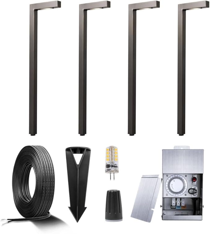 Gardenreet 12V Brass Landscape Path Lighting Kit (4 Pack Path Lights) with 75W Low Voltage Transformer and 100 Feet Cable and 20Pack Wire Connectors for Outdoor House Garden Patio Walkway