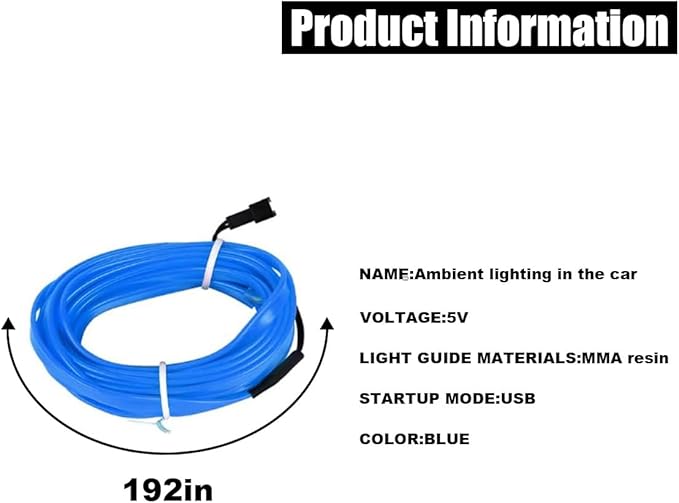 EL Wire Interior Car LED Strip Lights, USB Car Neon Light Strip with Sewing Edge, 16FT Neon Light 5V with Fuse Protection, Electroluminescent Car Indoor Decorations (Blue)