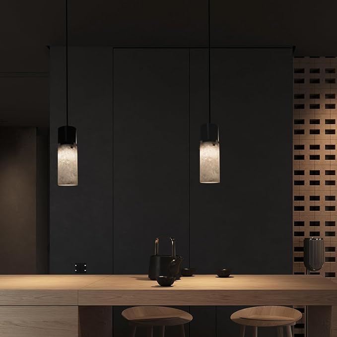 Alabaster Pendant Light for Kitchen Island,Natural Stone Island Pendant Light,Modern Black Pendant Lamp with Marble Shade,Durable Aluminum,Chandelier for Bedroom Beside,Countertop,Living Room,E26