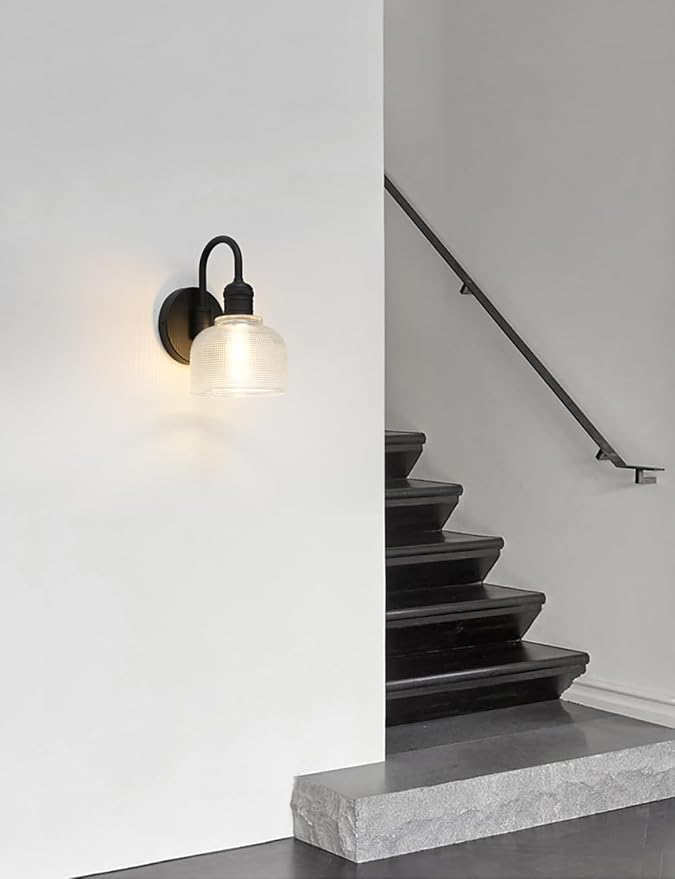 Yosoan Brass Boho Vintage Wall Sconce with Striped Shade, 1-Light Modern Vanity Light Industrial Single Wall Mounted Hardwired Bowl Texture Glass Shade for Living Room Bedroom Kitchen Hallway(Black)