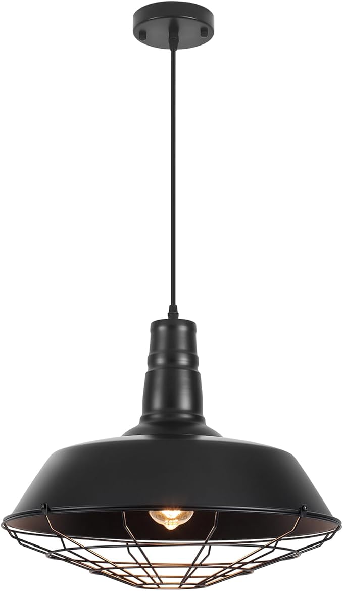 Black Farmhouse Pendant Light, 18.1 Inch Large Pendant Lights Kitchen Island, Industrial Pendant Light with Wire Cage, Barn Light 1 Pack, Island Pendant Lights for Kitchen Barn Dining Room