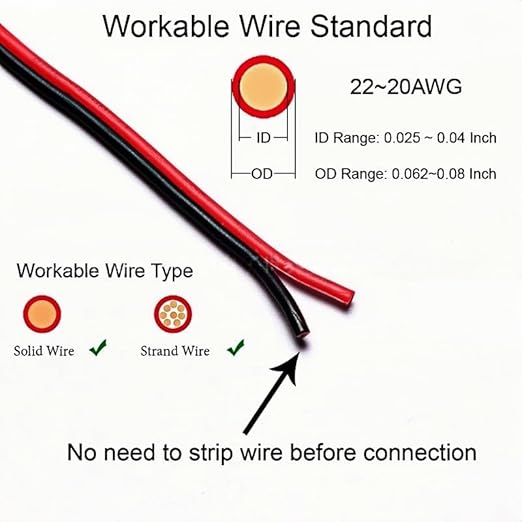 D2 2Pin Way 18-22AWG Waterproof Wire 1.5-2.1mm Push-in Led Strip Lights Connectors, Double Wire Plug in Connector - 10 Pcs Quick Disconnect Wire Connector