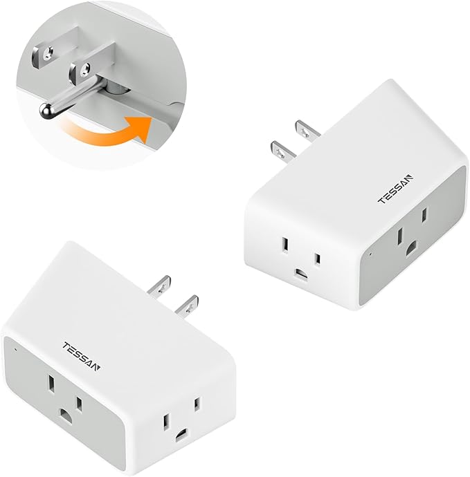 TESSAN Multi Plug Wall Outlet 2 Packs, 2 Prong to 3 Prong Foldable Adapter, 3 AC Plug Extension Outlet Extender, 1875W Max for Cruise Ship, Home, Office, Dorm, Travel Essential