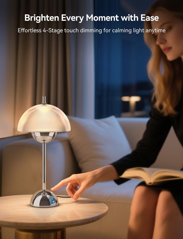 Tubicen Flowerpot Chrome Bedside Table Lamp Plug In Decor Transparent Striped Mushroom Table Lamp Memory Function Modern LED 4-Stage Touch Dimmable Desk Table Lamps for NightStands Bedroom Home Office