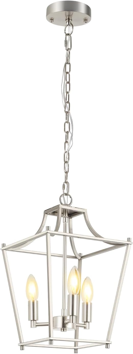 Lantern Pendant Light Brushed Nickel Pendant Light Fixtures 3-Light Lantern Light Fixture, 9.4" Adjustable Hanging Pendant Lighting for Dining Room Kitchen Foyer Bedroom