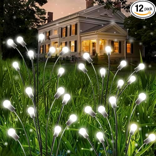 OZS 12 Pack Total 96 LED Solar Garden Lights Fairy Outdoor - Solar Firefly Lights Outdoor, Sway by Wind, Waterproof for Garden Patio Pathway Fairy Decoration (Cold White)