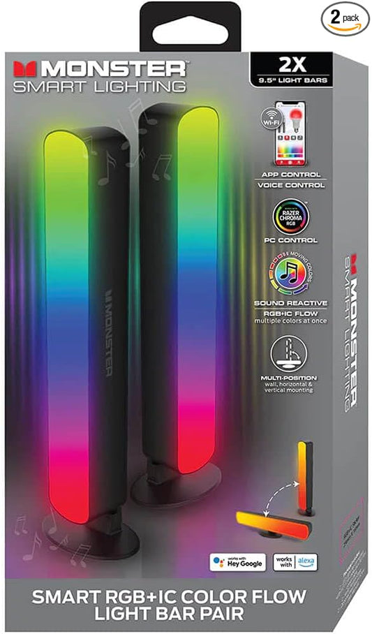 Monster Smart LED Light Bars 2 Pack, RGB+IC Multi-Color Razor Chroma TV & Gaming Wi-Fi Light Bars, Dimmable, Sound Reactive, Multi Position, App & Voice Control, Works with Alexa, Google Home, Siri