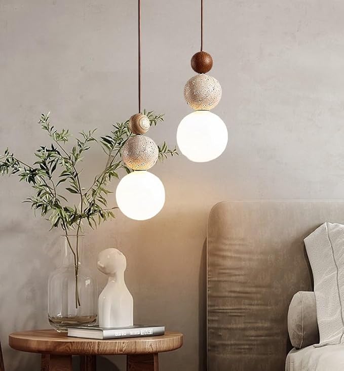 Natural Stone & Wood Pendant Light Fixture | Spherical Milk Glass Hanging Lamp | Modern Organic Ceiling Light | Adjustable Bedside Suspension Light for Dining Room, Kitchen Island, Bedroom(Walnut)