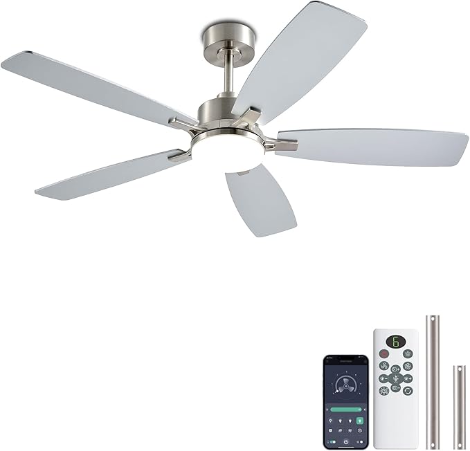 Ceiling Fans with Lights, 52 Inch Low Profile Ceiling Fan with Light and Remote Control, 2 Downrods, DC Reversible Motor, Dimmable LED Ceiling Fans for Bedroom,Indoor/Outdoor Patio Use（Nickel）