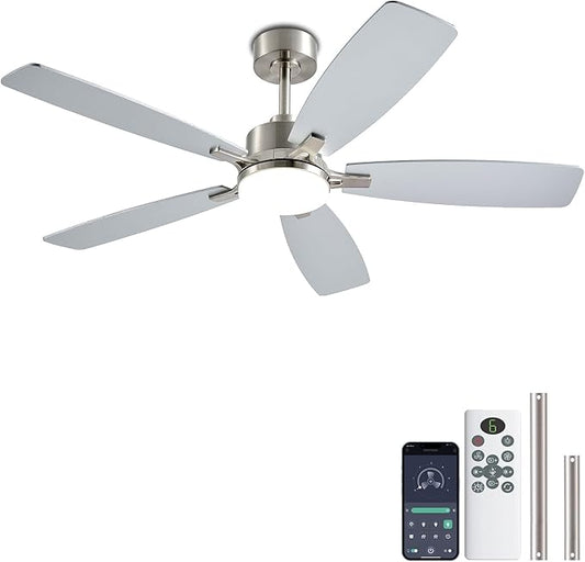 Ceiling Fans with Lights, 52 Inch Low Profile Ceiling Fan with Light and Remote Control, 2 Downrods, DC Reversible Motor, Dimmable LED Ceiling Fans for Bedroom,Indoor/Outdoor Patio Use（Nickel）