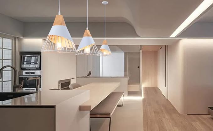 White Pendant Lights Kitchen Island,White Pendant Lights Farmhouse,Adjustable Wood Hanging Light Fixture,Industrial Pendant Lighting for Dining Room,Living Room,Bedroom,Hallway,Kitchen,Bar
