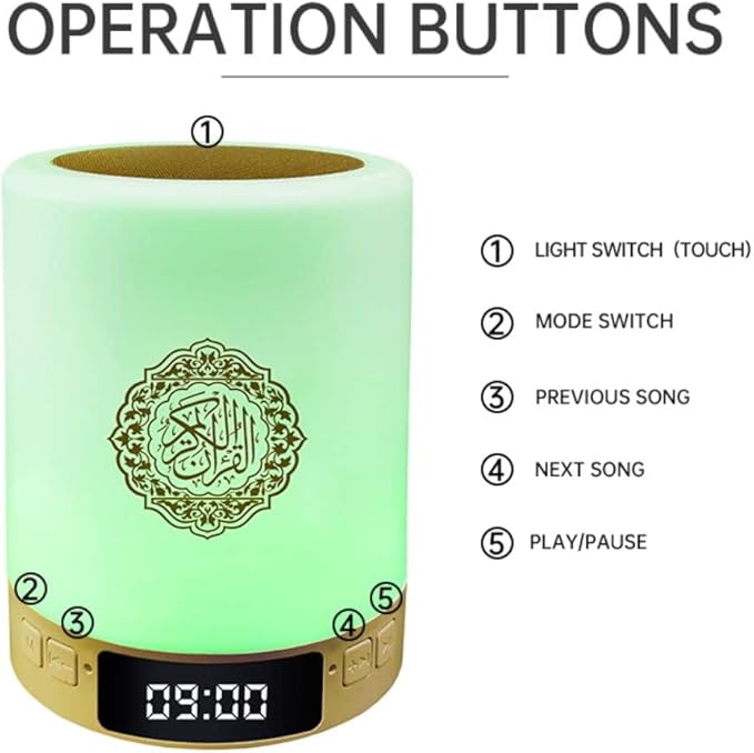 Quran Speaker,Bluetooth Speaker Night Lights,Bedside Lamp,Alarm Clock,with Remote & APP Contro,Multi-Color Changing,Full Recitations of Famous Imams and Quran Translation (SQ122)