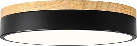 Dimmable Wood LED Ceiling Light, 5CCT 2700K-6000K Modern Black Flush Mount Ceiling Light, Minimalist Round Close to Ceiling Light Fixture for Bedroom, Kitchen, Laundry Room, Hallway, 11.81in