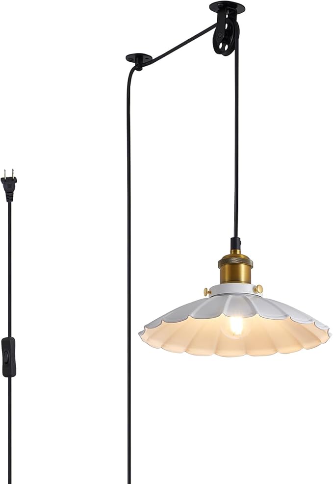 Plug in Pendant Light Industrial 9.8 Inch White Lampshade Kitchen Island Hanging Lamp Plug in Adjustable Cord Hanging Lights for Bedroom and Living Room