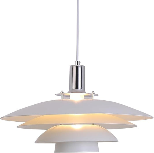 Mid Century Modern Pendant Light, 15" Nordic Hanging Ceiling Light Fixture with 4-Tier Metal Shade, E26 Base, Vintage Pendant Lamp for Kitchen Island, Dining Room White