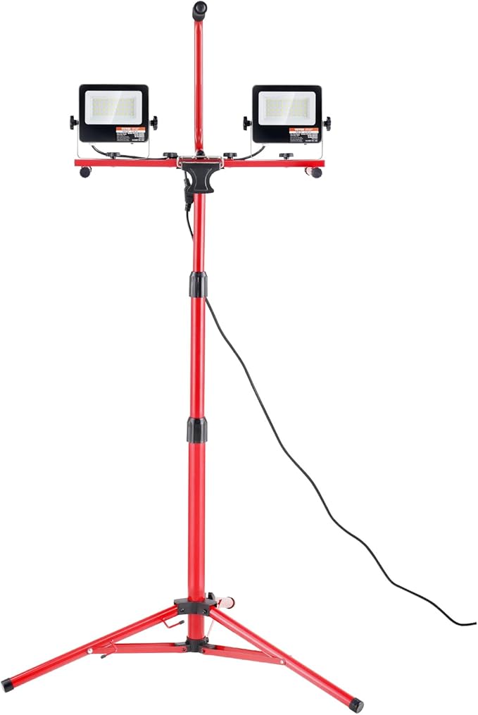 VEVOR LED Work Light with Stand, 5000 Lumen Dual-Head LED Work Light with 27.6"-68.1" Adjustable and Foldable Tripod Stand, IP65 Waterproofed LED Tripod Work Light, with 5000 Kelvin Color Temperature