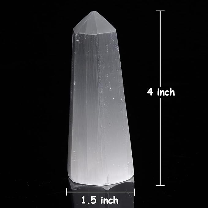 JIC Gem USB Selenite Lamp Hexagonal Crystal Points Selenite Tower Lamp Morocco Skyscraper 4 Inch with Wooden Light Stand Base