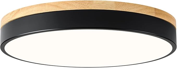 Dimmable Wood LED Ceiling Light, 5CCT 2700K-6000K Modern Black Flush Mount Ceiling Lamp, Minimalist Round Close to Ceiling Lighting Fixture for Living Room, Bedroom, Kitchen, 15.74in