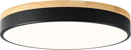 Dimmable Wood LED Ceiling Light, 5CCT 2700K-6000K Modern Black Flush Mount Ceiling Lamp, Minimalist Round Close to Ceiling Lighting Fixture for Living Room, Bedroom, Kitchen, 15.74in