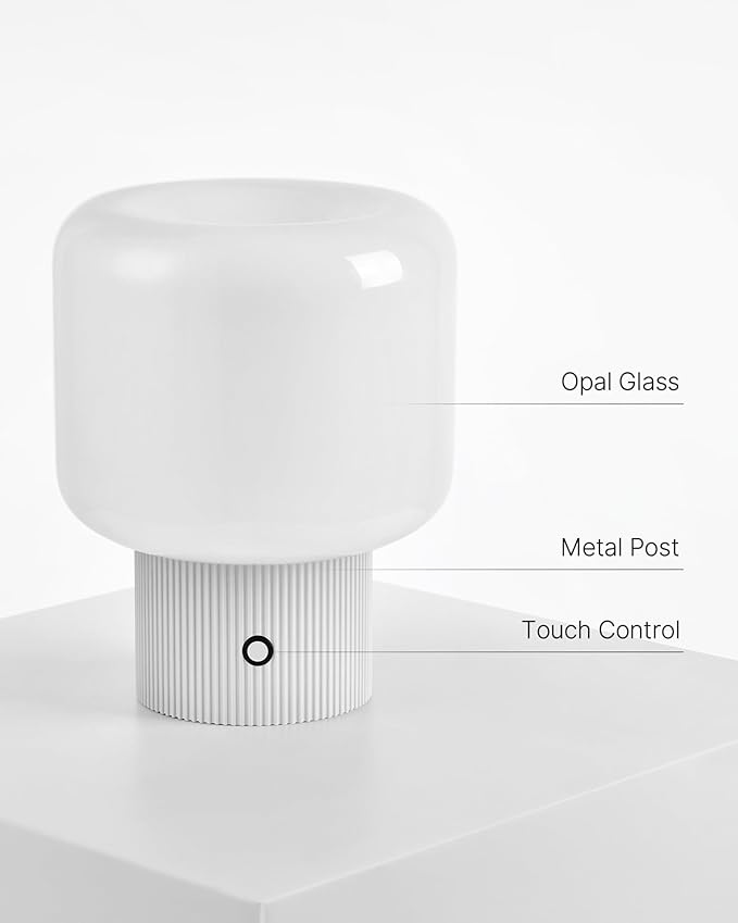 Halo Mushroom Lamp, 5W Cute Cordless Rechargeable Table Lamp with Glass Shade, 3 Color Temps LED Dimmable Ambient Lighting, Small Retro Touch Bedside Light for Bedroom Decor, White