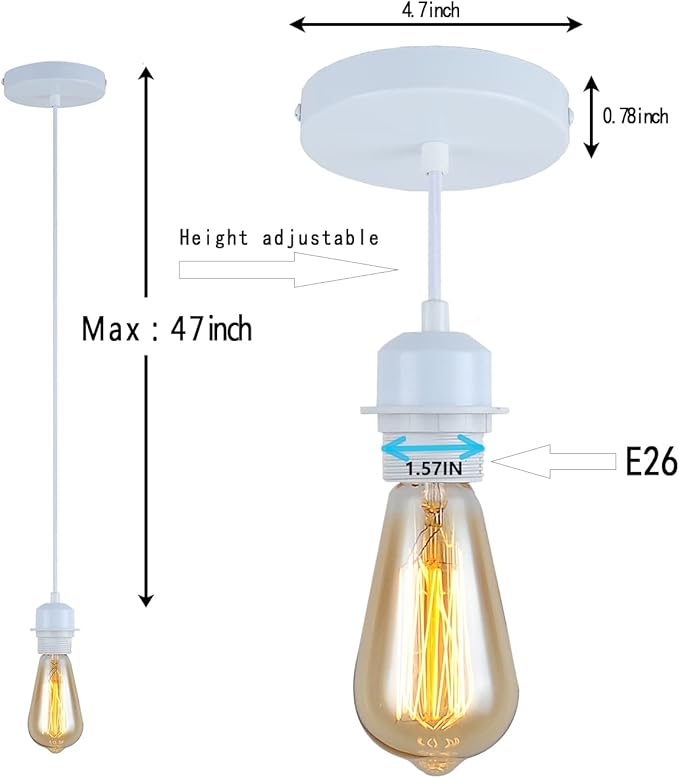 Industrial Mini Pendant Light Kit, E26 Vintage Style White Cord Hanging Light Fixture for Farmhouse Bedroom Home Ceiling Chandelier Decors (White)