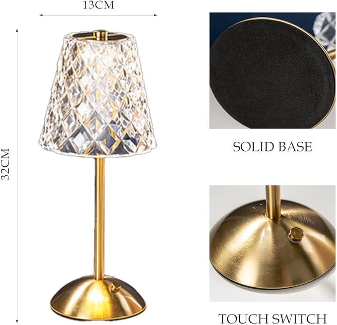 Portable Crystal Metal Desk Lamp,3-Color Touch Control, Rechargeable Battery - Ideal Bedside Lamp for Bedroom Nightstand (Golden Crystal Lamp)