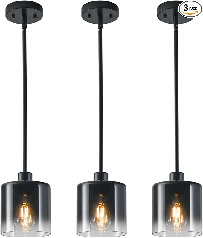 3-Pack Black Pendant Light Fixtures, Modern Pendant Lights for Kitchen Island with Adjustable Rods, Industrial Glass Pendant Lights for Dining Table Hallway Bedroom Living Room