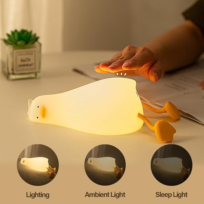 Cute Lying Flat Duck Night Light, 3 Level Dimmable Nursery Nightlight, Kawaii Lamps Squishy Silicone Light Up Duck, Rechargeable Touch Lamp, Best Gift for Kids Adults Room Decor
