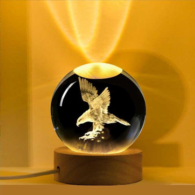 3D Laser Etched Eagle Crystal Ball, Eagle Statue Decor Crystal Sphere Lamp Night Light, Glass Animal Figurines Collectibles Gifts for Women Kids