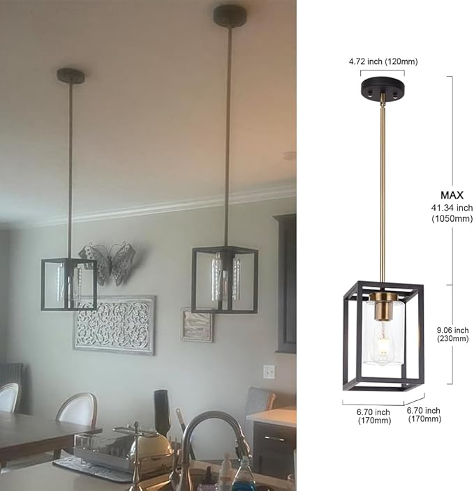 VINLUZ 1-Light Mini Lantern Pendant Light,Black and Brushed Brass Finish Farmhouse Chandelier with Clear Glass Shade Foyer Cage Hanging Ceiling Lighting for Kitchen Island Dining Room Entryway