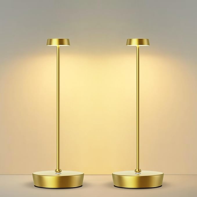 Cordless LED Table Lamp，Rechargeable Battery Desk Lamps, 3 Color Stepless Dimmable Metal Battery Table Lamps, Portable Waterproof Table Light for Indoor/Outdoor/Restaurant (2Pack Brass)