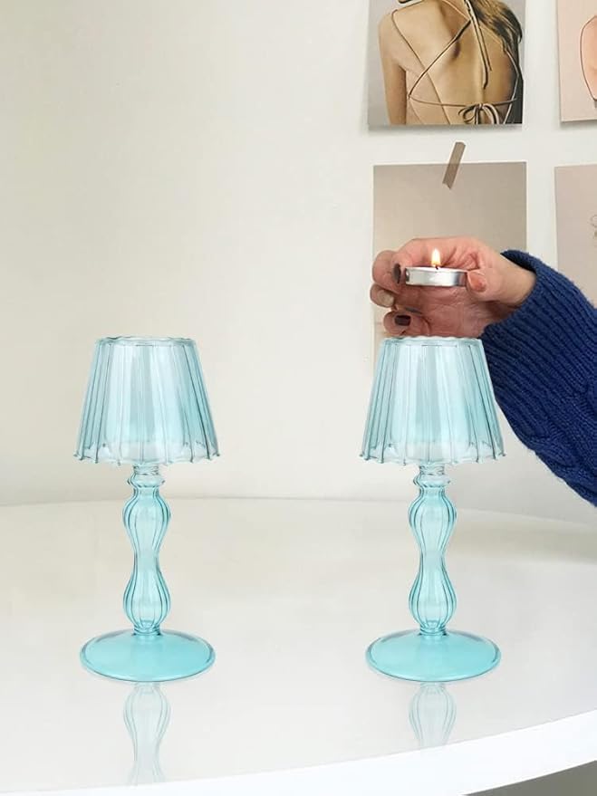 Desk Lamp Shaped Glass Candle Holder - Glass Hurricane Candleholder Crystal Decorative Candle Stand for Table Wedding Dinning Centerpieces Party Supplies Festival Decor Blue