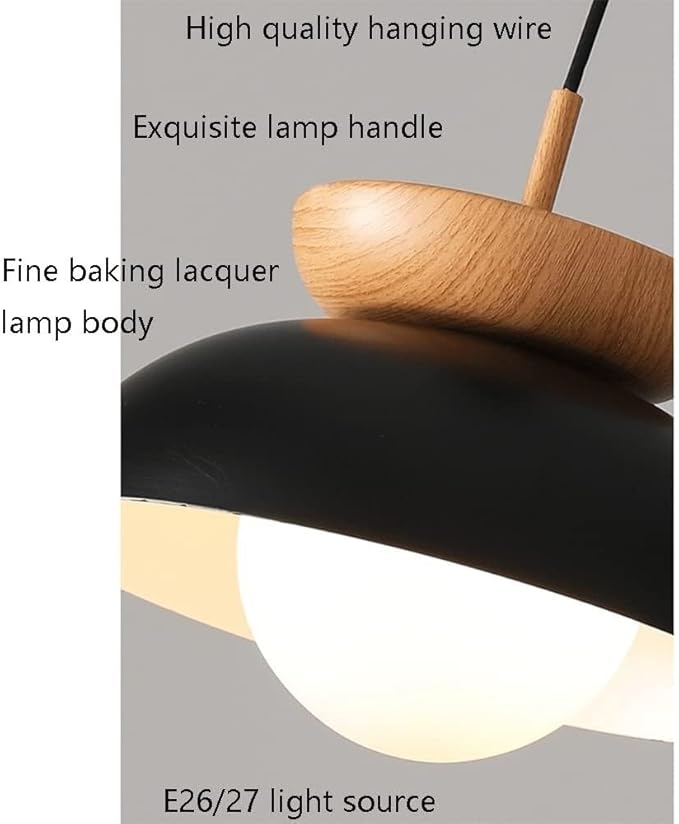 Scandinavian Modern Nordic Pendant Light with Wood Accent, Metal Dome & Frosted Globe Diffuser Suspension for Dining Table, Kitchen Island, Bedroom, Café and Entryway(Dark)
