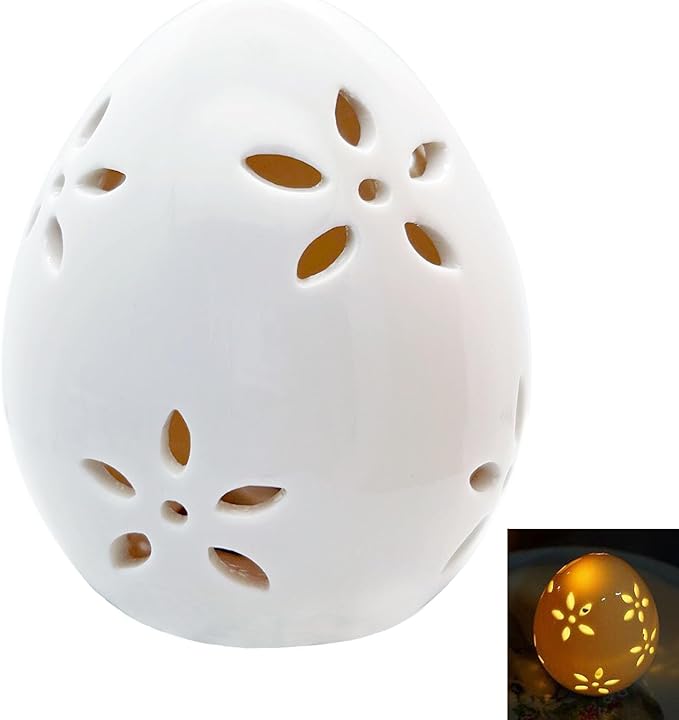 Easter Egg White Egg LED Lights Lamp for Party Favors, Procelain Egg with Flower Hollowed Easter Home Decor Table Centerpiece Mantels Rabbit Bunny Accessories Ornament