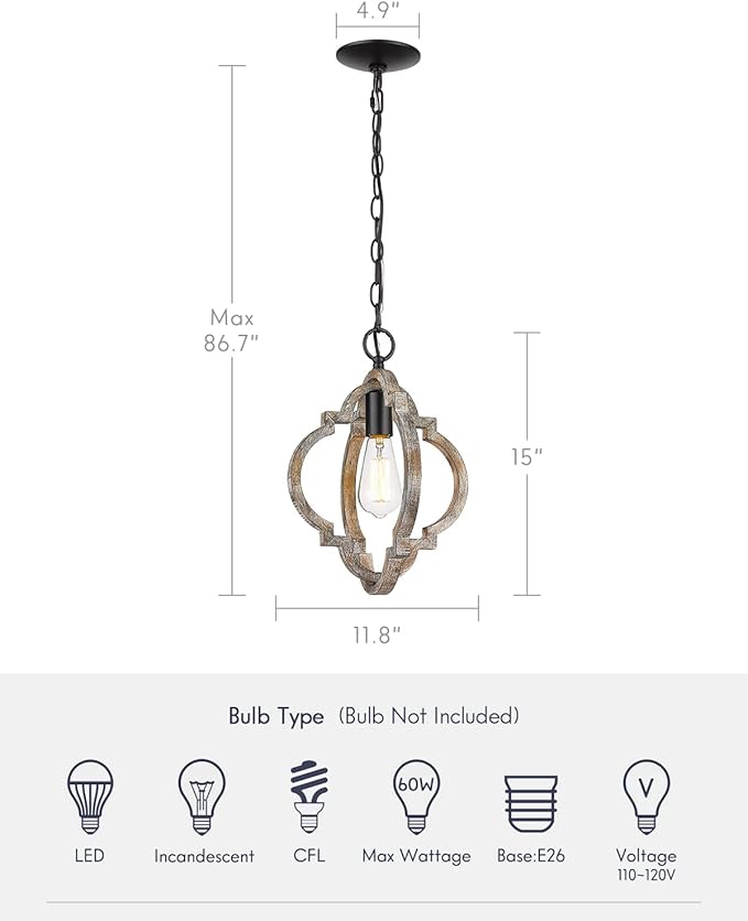 CALDION Farmhouse Pendant Lights, Wood Dining Room Light Fixtures, Adjustable Height Hanging Pendant Lights for Kitchen Island, Foyer, Entryway