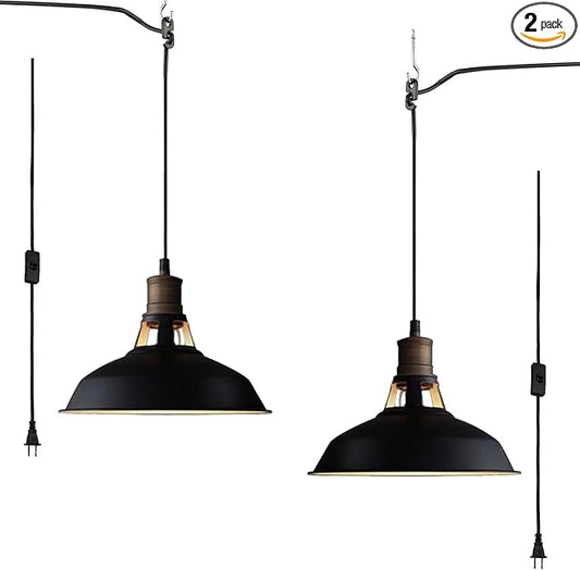 CLAXY Plug in Pendant Lights Adjustable Hanging Pendant Light Fixture with Black Barn Shade On/Off Switch Swag Pendant Lamp Set of 2