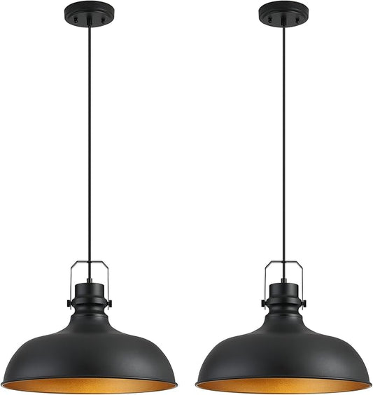 Black Farmhouse Pendant Lights 16 Inch Matte Pendant Lighting for Kitchen Island Industrial Adjustable Height Vintage Dome Hanging Light Fixtures for Barn, Dining Room 2 Packs