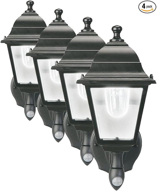 Maxsa 44219 Premium Wireless Battery-Powered Motion-Activated Decorative Outdoor Wall Sconce Lighting Fixture, Cool White LED, Metal Housing, Black (Pack of 4)