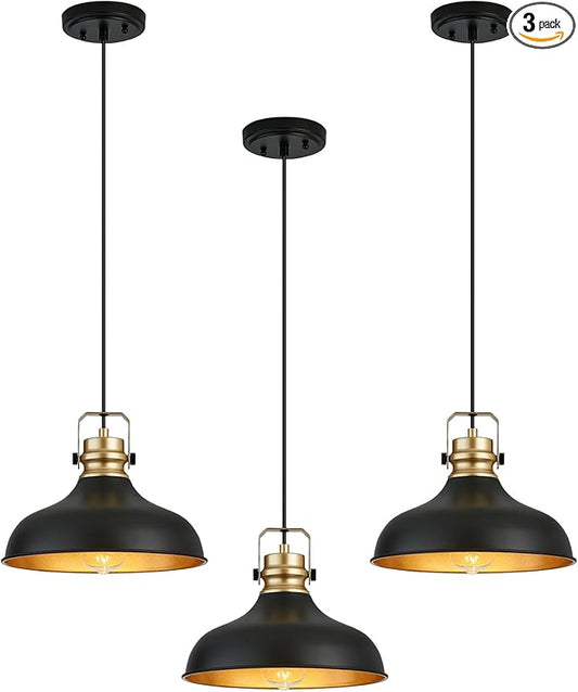 Black and Gold Farmhouse Pendant Lights Matte Pendant Lighting for Kitchen Island Industrial Adjustable Height Vintage Dome Hanging Light Fixtures for Barn, Dining Room 3 Packs