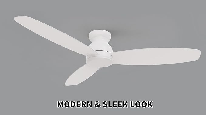 CEME 60 Inch Flush Mount Ceiling Fan without Lights, White Ceiling Fan with Remote Low Profile, 10-Speed Reversible DC Motor, 3 Dual Finish Blades, Indoor for Bedroom
