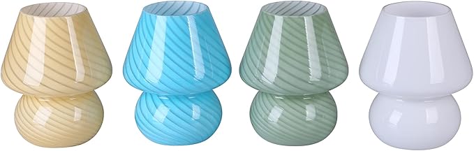 BSOD Glass Mushroom Bedside Table Lamp, Yellow Translucent Murano Vintage Style Striped Small Nightstand Desklamp Swirl Light for Home Decor, Dining, Living, Bedroom, Gift (Stripe Yellow)