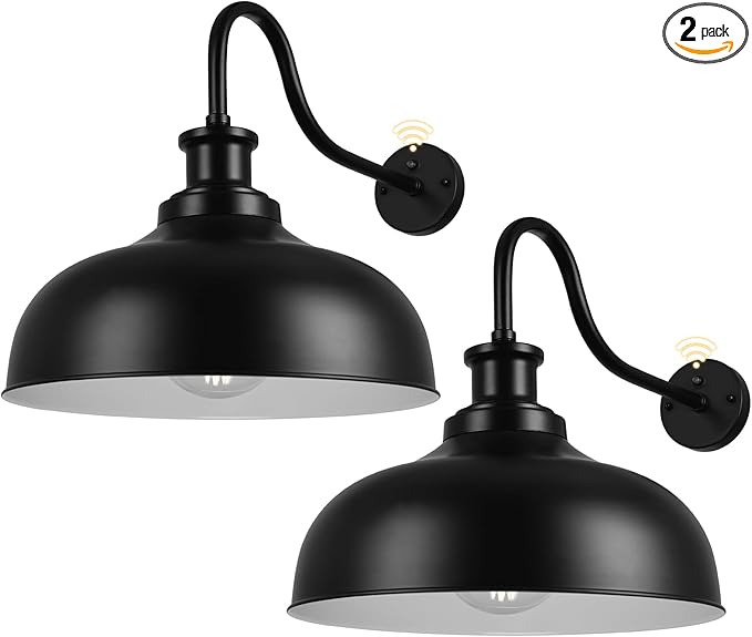 Dusk to Dawn Outdoor Gooseneck Barn Light,16 Inch Dome Outdoor Wall Sconce Farmhouse Exterior Wall Mount Light Vintage Wall Lighting Fixture Industrial Black Wall Lantern for Porch, 2 Pack