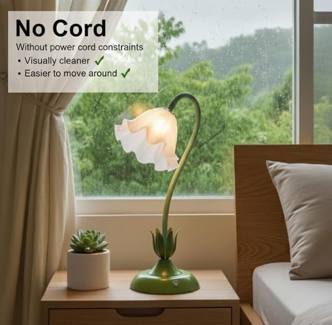 Cordless Flower Table Lamp Green, Valentine‘s Gift, 5200-mAh Rechargeable Touch Lamp, 3-Way Dimmable, Build-in Integrated LED 320 Lumen Max, for Nightstand Bedroom Living Room