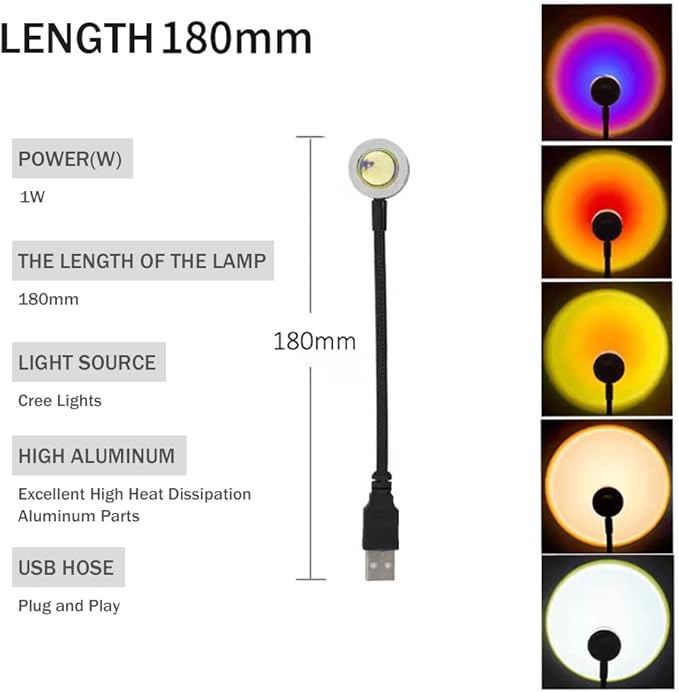 EIUY Sunset Lamp, Projector Sunset Light LED Projection Night Light 360 Degree Rotation Romantic Rainbow Light USB Charging for for Photography, Selfie, Party, Bedroom Decor (280mm White)